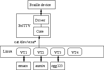 Figure showing details of relations between applications, Linux and brltty, including keyboard simulation